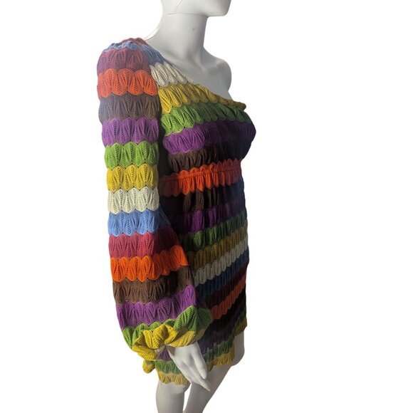 Judith March Mini Dress Sz S Multicolor Striped Crochet Retro Hippie Artsy - Picture 3 of 11